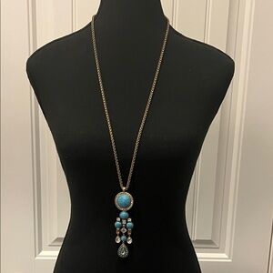 Ann Taylor Turquoise and Gold Long Pendant Statement Necklace